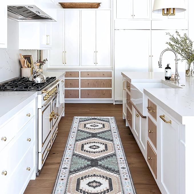 Fame Living Washable Area Rug. Modern Farmhouse. Vintage. Turkish. Bohemian. Distressed. Oriental. Traditional. Rugs for Living Room. Dining. Bedroom. Office. Entryway. Foyer. (856BlckGry, 2'5" x 13')