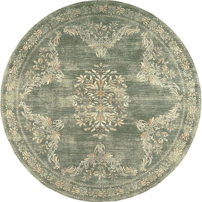 jinchan Round Rug 4ft Area Rugs Vintage Floral Distressed Design,Machine Washable Soft Non-Slip Low-Pile Ultra-Thin Circle Rug for Entryway Bedside Living Room Kitchen Nursery (4' Round,Dark Green)