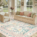 Lahome Boho Pink and White Area Rugs 9x12 Living Room, Washable Floral Large Area Rugs for Bedroom Kids Playroom, Soft Non-Slip Thin Carpet for Nursery Home Decor, Blush