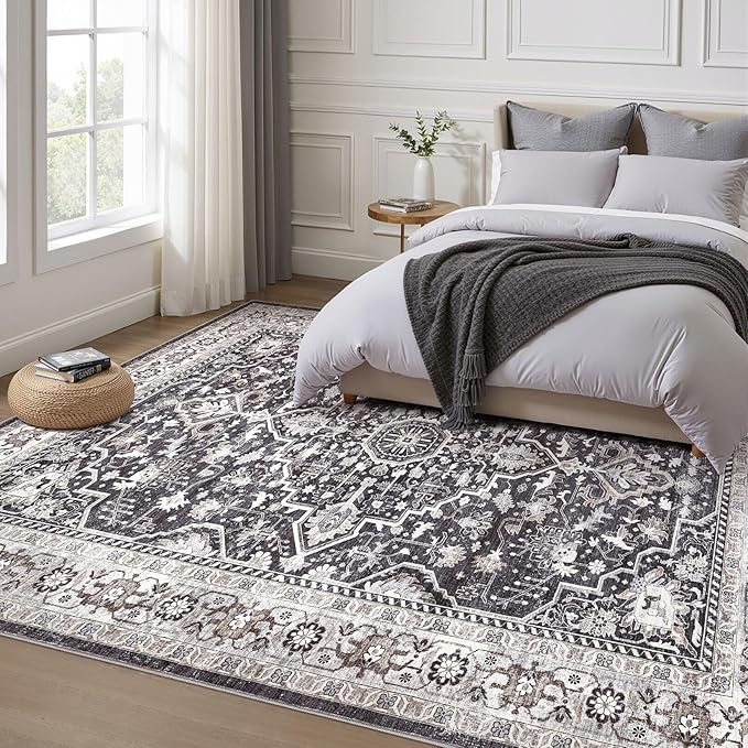 Black Rug Living Room Rugs: 7x9 Washable Boho Large Vintage Moody Soft Stain Resistant Oriental Farmhouse Non-Slip Indoor Floor Carpet for Bedroom Playroom Office Dining Room Retro Home Decor