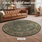 Bavni Round Rug 8ft-Machine Washable Area Rugs Non-Slip for Bedroom, 8x8 Vintage Floral Rug Distressed Throw Carpet for Living Room Nursery Kitchen Bathroom, Dark Green/Multi