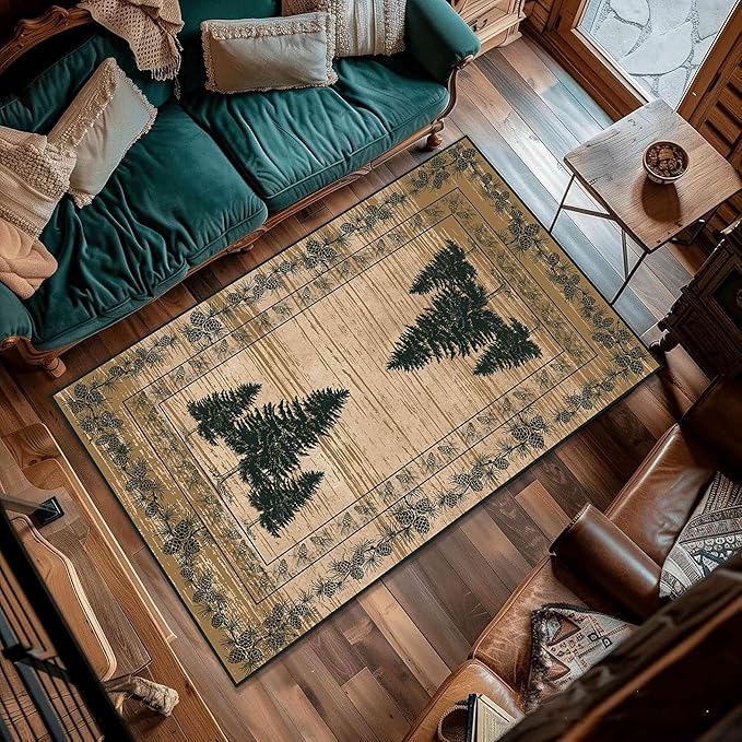 UNREASTO Country Cabin Area Rug 6x8ft Rustic Nature Forest Pine Cone Pine Tree Plant Vintage Home Decor Floor Rug Non-Slip Easy Clean Lodge Rug for Living Room Bedroom Entry Office Hardwood Floor