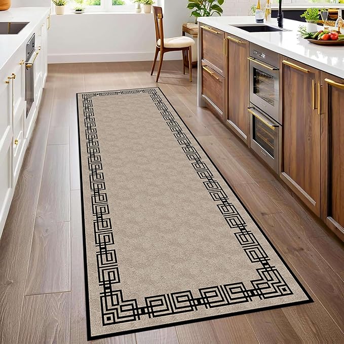 Vintage Tribal Hallway Rugs, 3.3x7ft, Southwest Brown Rustic Native Ethnic Greek Key Pattern Carpet Runners, Ultra-Thin Foldable Low Pile Distressed Rug for Dining Room Lounge