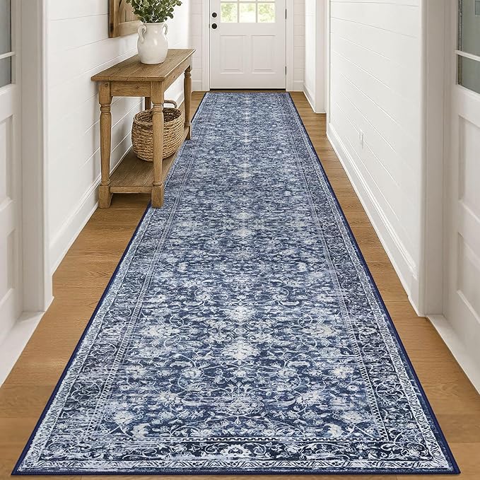 KILOCOCO Hallway Runner 3x18 Rug Runner Printed Vintage Floral Washable Kitchen Runners Non-Slip Rubber Backed Runners for Hallways Laundry Room Distressed Boho Rugs for Bedroom, Blue