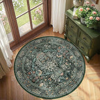 4ft Round Area Rugs for Living Room, Washable Floral Circle Rug Non Slip Low Pile, Vintage Boho Botanical Birds Throw Carpet for Farmhouse, Bedroom, Dining Room, Retro Green/Blue