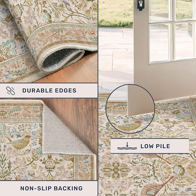 Washable Living Room Rug 8x10 - Country Style Beige Floral Area Rugs for Bedroom Under Bed, Dining Room Table Rug, Stain Resistant Non-Slip Neutral Farmhouse Décor with Light Blue and Green Accent