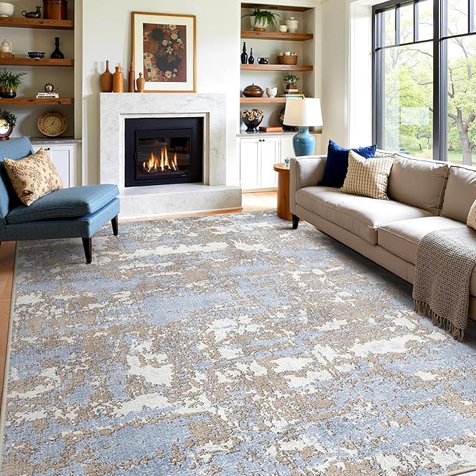 WITSHOCK Abstract 9x12 Rugsfor Living Room: Blue Brown Rugs for Bedroom Aesthetic, Dining Room Under Kitchen Table, Washable Soft Non Slip Large Area Eclectic Unique Décor