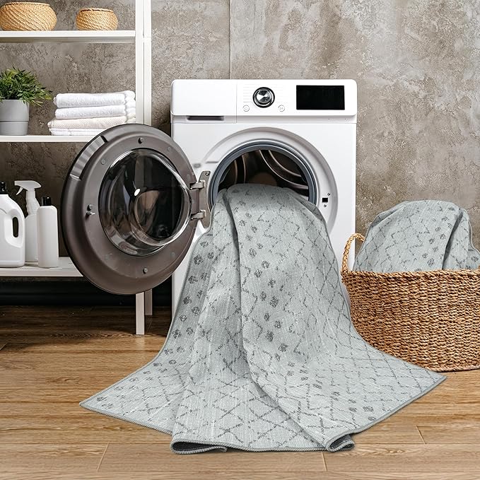GLN Rugs Contemporary Collection - Machine Washable Area Rug, Contemporary Washable, Non Slip, Low Pile Chenille Rug, Living Room, Bedroom, Kitchen Rug (2' x 3' Gray 0166)