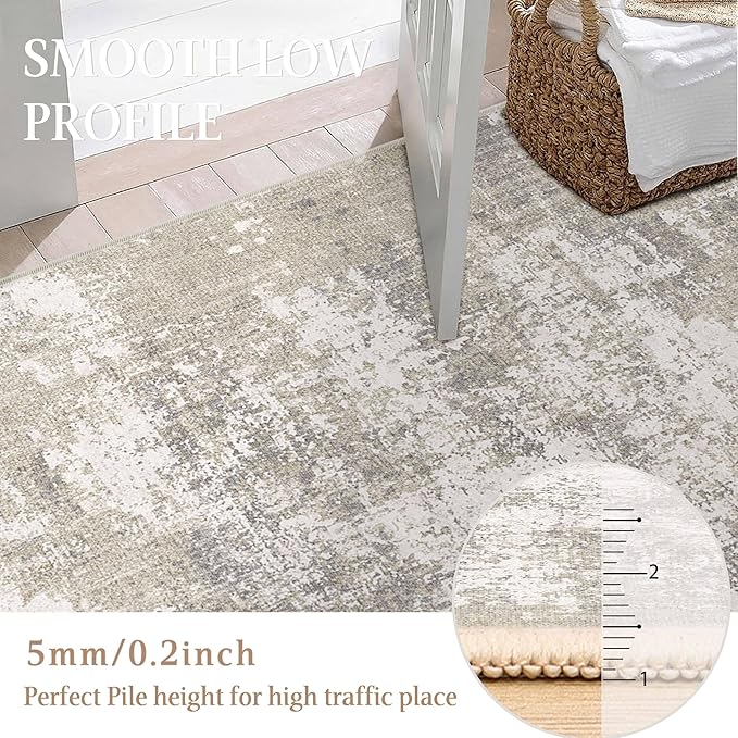 Modern Abstract Beige Gray Area Rug 2x8 Hallway Runner Machine Washable Carpet Bathroom Kitchen Indoor Accent Throw Low Pile Non Slip Distressed Laundry Living Dining Room Bedroom Office