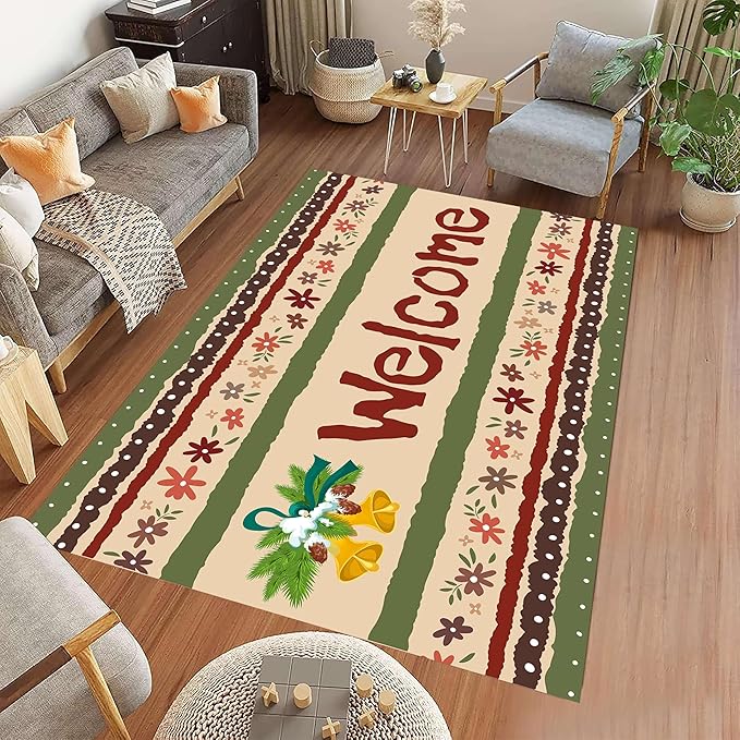 Vintage Christmas Area Rugs 4x5ft Merry Christmas Snowflakes Floral Winter Holiday Decorative Floor Mats Xmas Decorative Rugs for Living Room Bedroom Doormats Welcome Mats Non-Slip and Durable