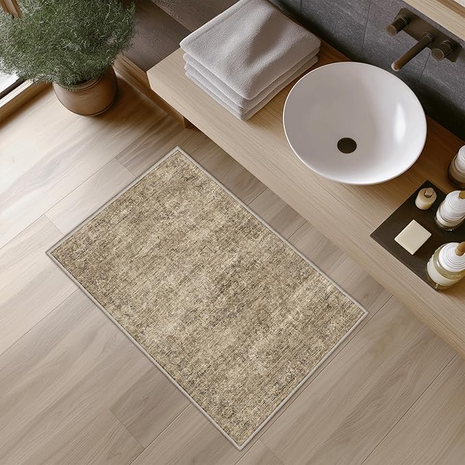 FMFUNCTEX Entryway Rug 2x3 Washable Brown Vintage Distressed Oriental Door Mat Non Slip Low Pile Indoor Carpet Soft Retro Small Throw Area Rugs for Entry Way Entrance Bedroom Kitchen Bathroom Laundry