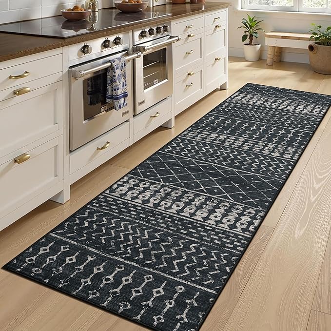 2x8 Machine Washable Runner Rug, Kitchen Hallway Area Rug, Black Vintage Moroccan Rug Ultra Non-Slip Low Pile Soft Faux Wool Carpet, Kids and Pets Friendly for Bedroom Entryway Bedside Decor Rug