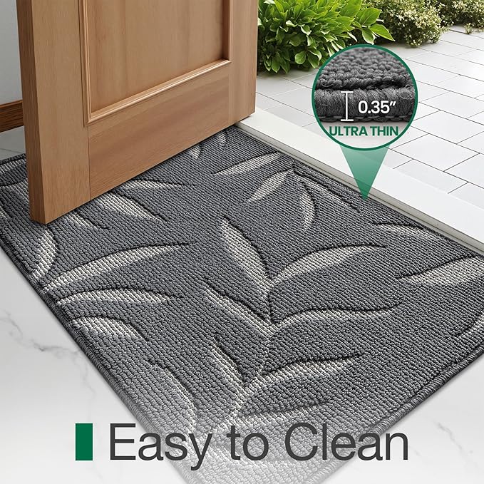 LUMI Indoor Door Mat 24x36, Washable Front Doormat with Welcome Leaf Pattern, Non-Slip Rubber Back Absorbent Mats for Entrance, Patio, Garage, Dark Grey