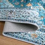 Tangsoo Blue 4x6 Area Rug, Vintage Washable Non Slip Indoor Rugs, Oriental Machine Washable Rug Carpet, Soft Low Pile Foldable Floor Rugs for Dining Room Bedroom Living Room Home Decor
