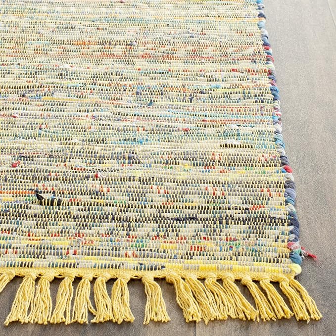 SAFAVIEH Rag Rug Collection Runner Rug - 2'3" x 12', Yellow & Multi, Handmade Boho Stripe Cotton, Ideal for High Traffic Areas in Living Room, Bedroom (RAR121H)