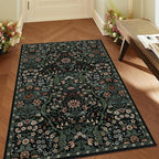 4x6 Black Floral Boho Area Rug,Low-Pile Stain Resistant Non-Slip Machine Washable Carpet for Living Room,Bedroom, Kitchen,Entryway,Dining Room, Nursery