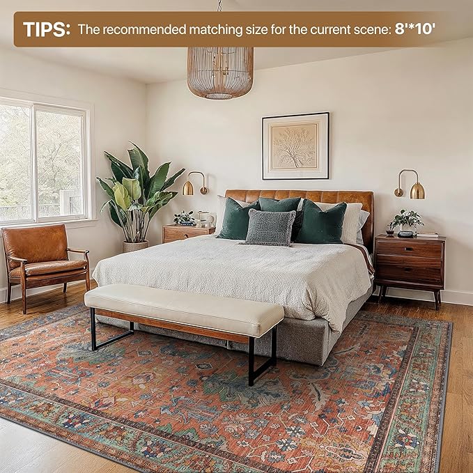 Bavni Washable Rug-6x9 Area Rugs for Bedroom Non-Slip, Ultra Thin Low Pile Living Room Rug, Modern Printed Decorative Rug for Dinning Room Office, Terracotta/Blue