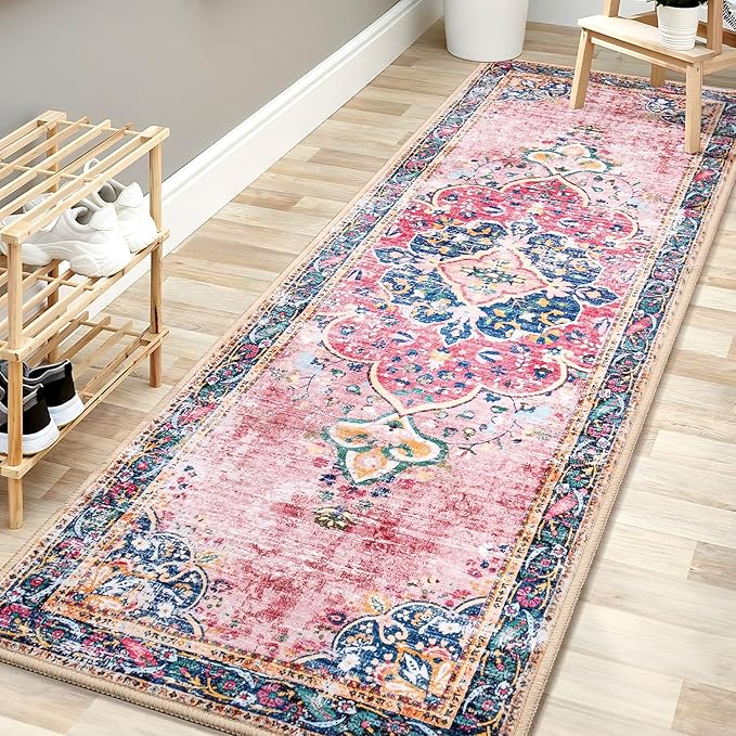 Washable Runner Rug 2x6 Pink Boho Area Rug for Hallway Entryway Kitchen Laundry Room Bathroom Bedroom Non Slip Blush Vintage Rug Indoor Carpet