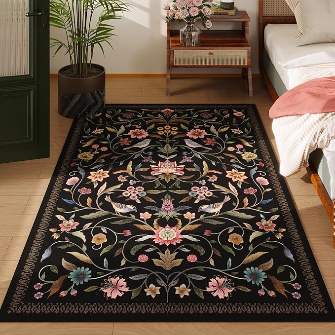 Vintage Medallion Floral 4x6 Rug, Machine Washable Non-Slip Area Rug, Low Pile Soft Carpet for Entry, Living Room, Office, Kids, Girl/Boys Room | Black