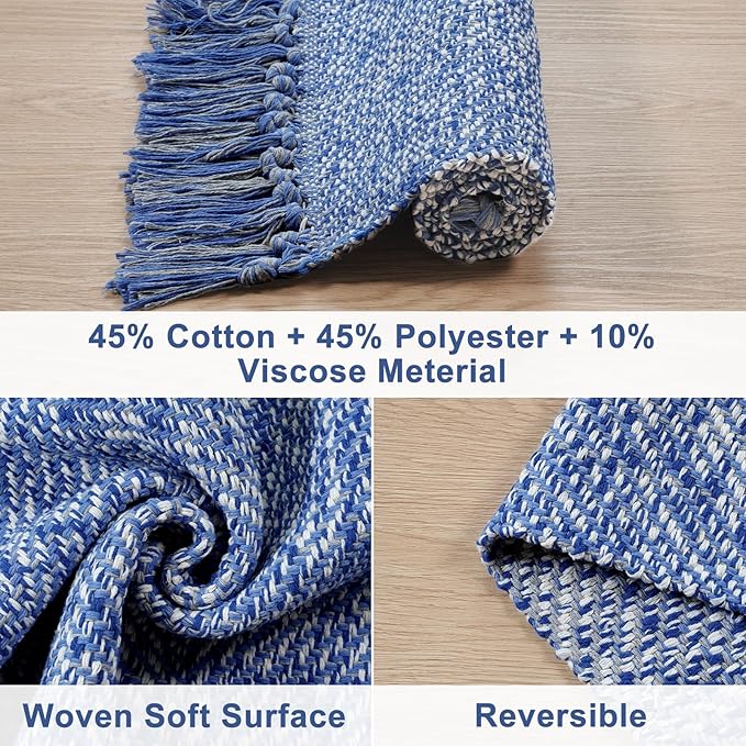 Collive Small Bathroom Rug, 2' x 3' Hand-Woven Low Profile Front Entryway Rug, Navy Blue Cotton Reversible Washable Kitchen Mat Modern Farmhouse Carpet for Foyer Bedroom Back Door Decor