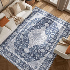 DUKINO 9x12 Area Rugs, Non Slip Distressed Living Room Rugs, Soft Large Washable Area Rugs with Low Pile & No Shedding, Faux Wool Rugs for Bedroom Aesthetic, Dining Room, Blue