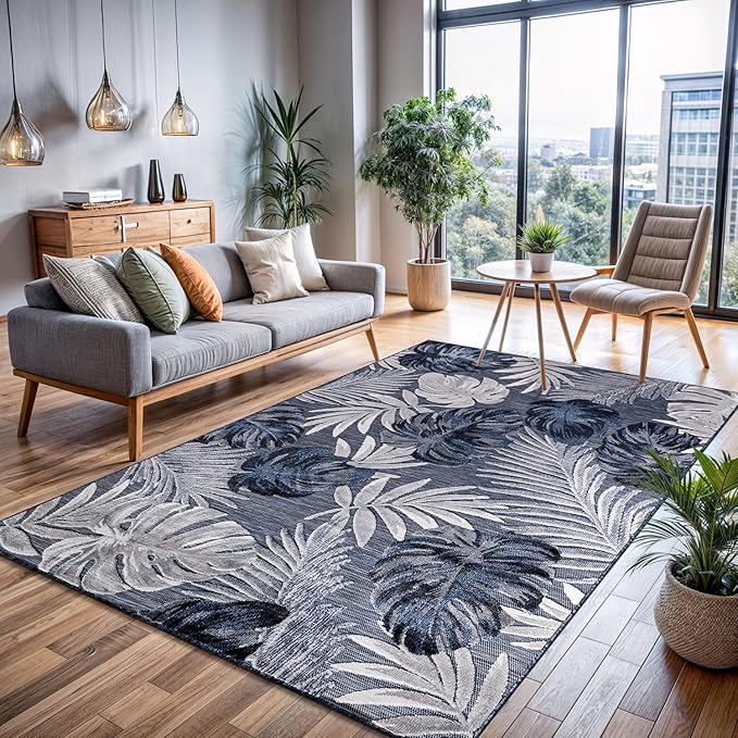 CAMILSON Indoor Outdoor Rug, Navy Blue 6’x9’ Leaf Tropical Botanical Area Rugs for Indoor and Outdoor patios, Easy-Cleaning Non-Shedding Living Room, Garden and Kitchen Washable Outside Carpet (6x9)