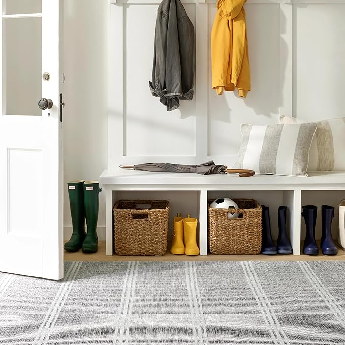 Dash & Albert Malta Blue Machine Washable Rug, 7.5 X 9.5 Feet, Grey Stripe Pattern