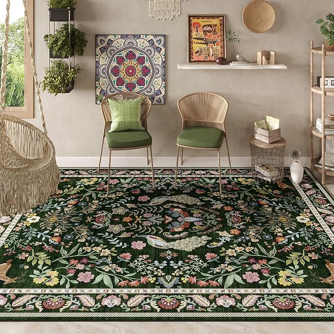 Living Room Rug 6x9 Rug Machine Washable Area Rug Floral Non-Slip Low Pile Large Rug for Living Room, Bedroom, Farmhouse, Dining Room, Kids Playroom (Emerald Green)