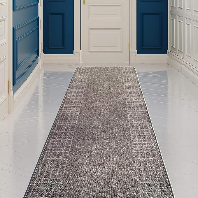 Custom Made Runner Rug for Kitchen Foyer Hallway Entry Choose Your Length 26 Inch Wide Geometric Checkered Design Grey Color (7 feet x 26 inch)