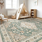 9x12 Area Rug Living Room: Machine Washable Boho Large Vintage Soft Rugs Stain Resistant Farmhouse Oriental Non Slip Indoor Floor Carpet for Bedroom Nursery Kids Playroom Office Dining Room- Green