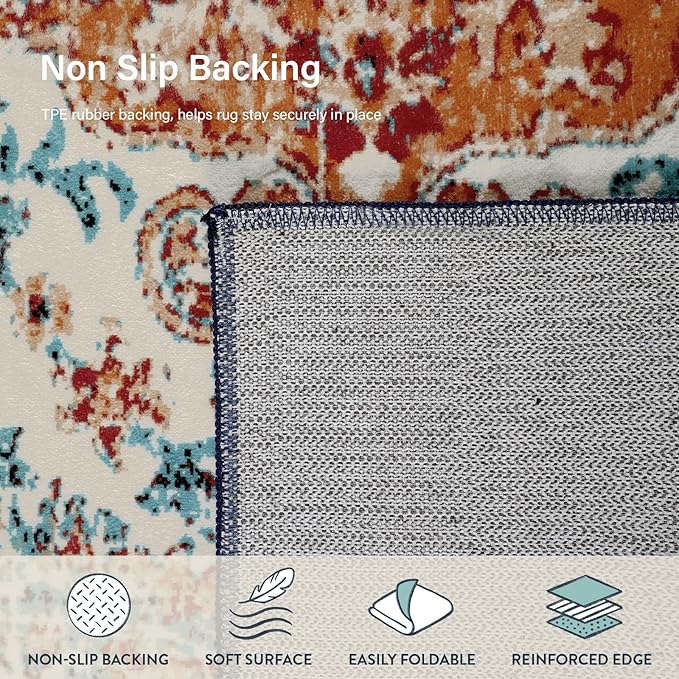 Lahome Bohemian Floral Medallion Area Rug - 5x7 Oriental Distressed Large Bedroom Rug, Soft Non-Slip Washable Dining Room Mat Indoor Throw Nursery Floor Carpet for Guest Room Entryway