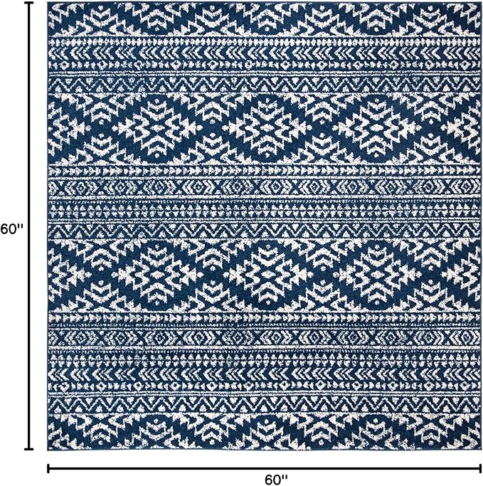 SAFAVIEH Tulum Collection Area Rug - 5' Square, Navy & Ivory, Moroccan Boho Tribal Design, Non-Shedding & Easy to Clean, Ideal for Living Room, Bedroom, Dining Space (TUL272N)