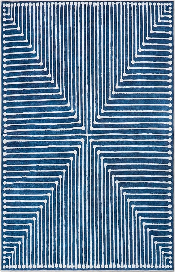 GLN Rugs Contemporary Collection - Machine Washable Area Rug, Contemporary Washable, Non Slip, Low Pile Chenille Rug, Living Room, Bedroom, Kitchen Rug (4' x 6' Lines Blue)