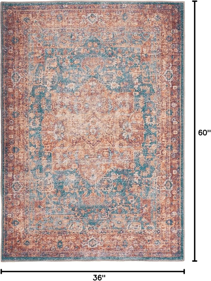 GLN Rugs Traditional Collection - Machine Washable Area Rug, Traditional Washable, Non Slip, Low Pile Chenille Rug, Living Room, Bedroom, Kitchen Rug (3' x 5' Terra/Green)