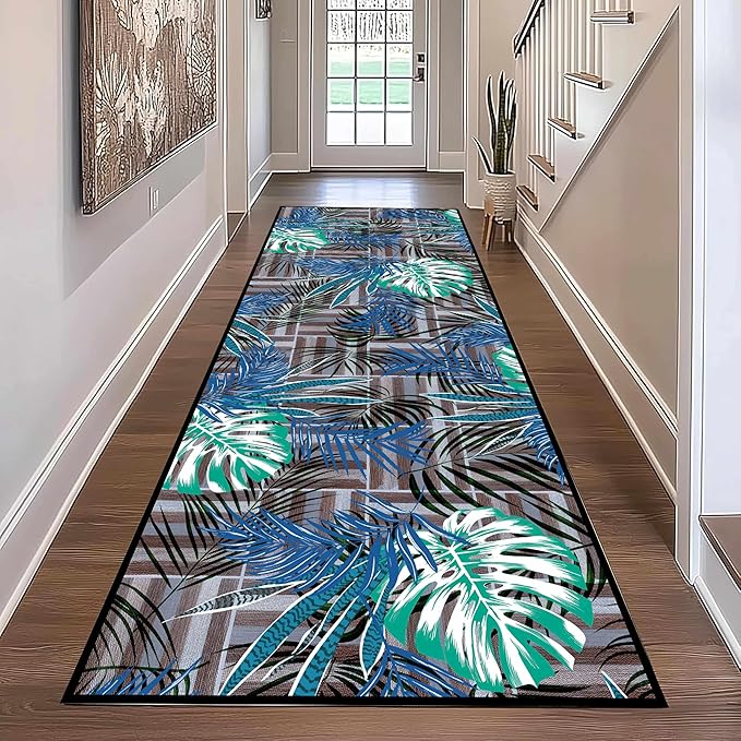 4x10 ft Runner Rug Tropical Blue - Non-Slip Low-Pile & Washable for Hallway, Living Room, Bedroom - Botanical Leaf Print Plush Soft - No Linting Easy Clean Indoor Carpet