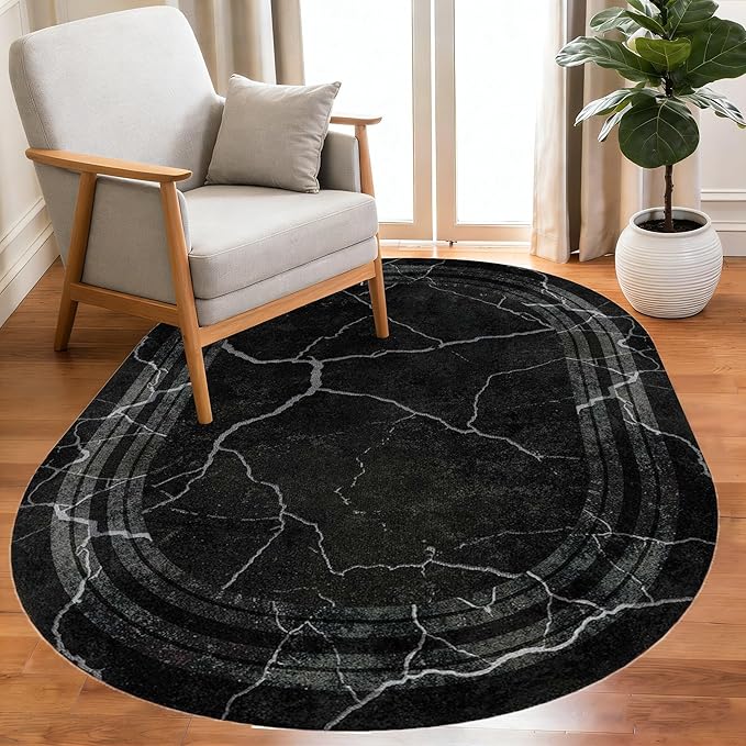 Black Grey Striped Texture Bordered Rugs 3x5 Modern Minimalist Indoor Large Area Rug for Living Room Bedroom Dining Room Soft Faux Wool Non Slip Floor Mats Entrance Bathroom Home Office Oval Carpet