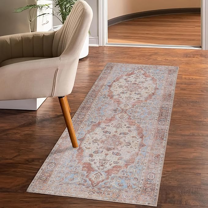 GLN Rugs Traditional Collection - Machine Washable Area Rug, Traditional Washable, Non Slip, Low Pile Chenille Rug, Living Room, Bedroom, Kitchen Rug (2'6" x 7' Brown/Blue)