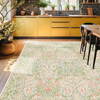 Vintage Washable Beige Green 10x14 Rug for Living Room - Extra Large Area Rug for Dining Room Under Table, Soft Low Pile Carpet for Bedroom - Victorian Forest Floral Design Non-Slip