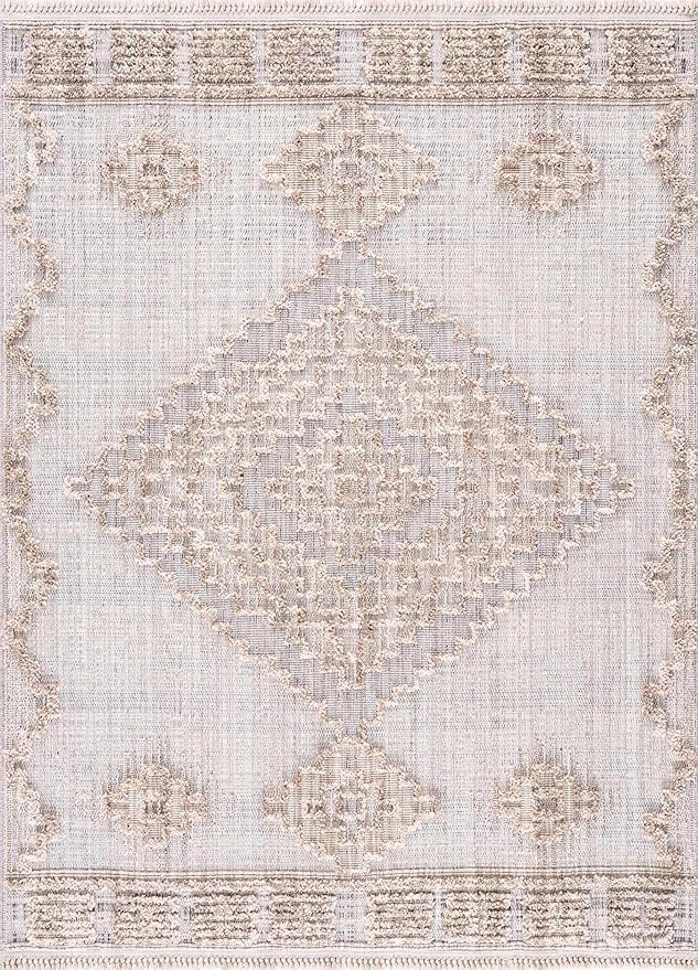 Hauteloom Ampusungan Modern Moroccan Medallion Farmhouse Living Room, Bedroom Area Rug - High Low - High Pile Carpet - Cream, Beige, Brown, Beige - 5'3" x 7'
