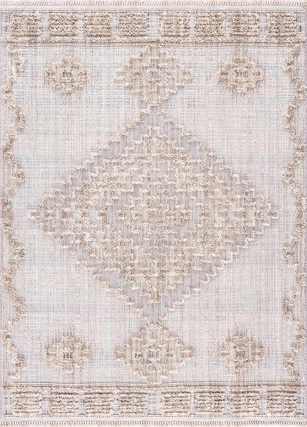 Hauteloom Ampusungan Modern Moroccan Medallion Farmhouse Living Room, Bedroom Area Rug - High Low - High Pile Carpet - Cream, Beige, Brown, Beige - 6'7" x 9'