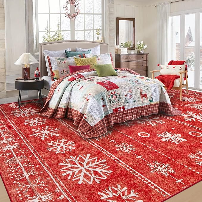 Christmas Area Rug 8x10 Living Room Rugs, Machine Washable Boho Christmas Tree Snowflake Rug Non-Slip Soft Low Pile Holiday Indoor Rugs for Bedroom Kitchen Dining Room Office(Xmas Red, 8'x10')