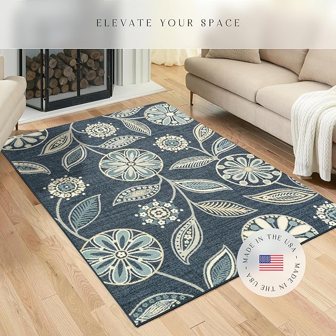 Maples Rugs Reggie Floral Area Rug - Made in USA - Low Pile, Non Slip, Pet-Friendly Mat for Living Room, Bedroom, and Office, 5' x 7', Persian Blue