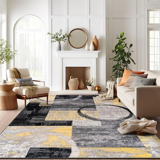 Rugshop Contemporary Circle Design Area Rug, Carpet with Jute Backing for Living Room, Bedroom, or Dining Room, Yellow, 7'10" x 10'2"