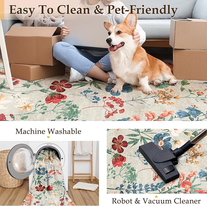 Floral Runner Rug 3x12 Washable Hallway Long Beige Bedroom Carpet Non Slip Indoor Boho Kitchen Low Pile Accent Rug Lightweight Soft for Bathroom Dining Laundry Living Room