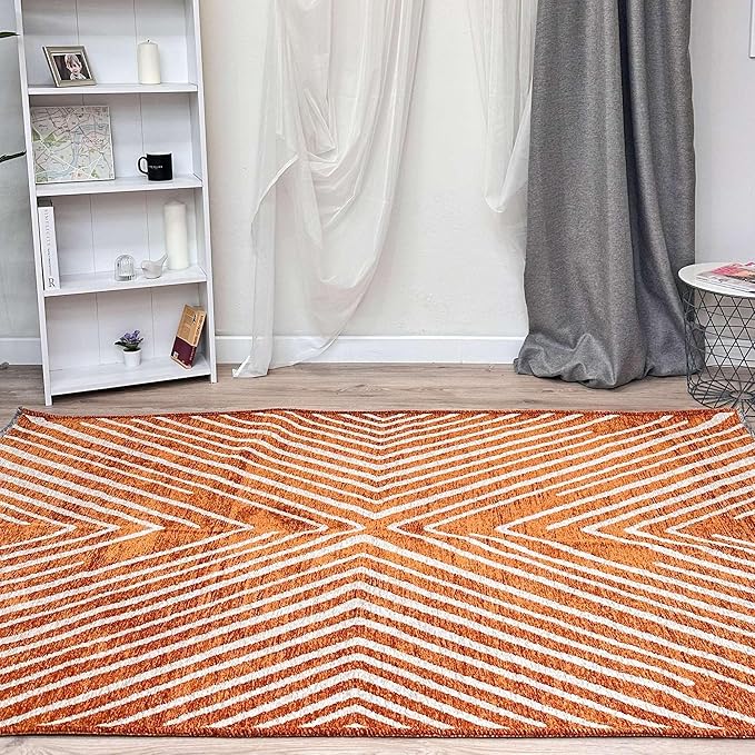Alfa Rich 4x6 Geometric Burnt Orange Off White Washable Area Rugs for Living Room Bedroom Cotton Rug