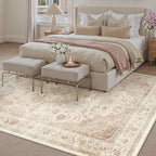 5x7 Beige Washable Vintage Area Rug for Living Room Bedroom Soft Tranditional Non Slip Large Throw Rug Lightweight Floral Low Pile Distressed Carpet Office Playroom Dining Laundry Room