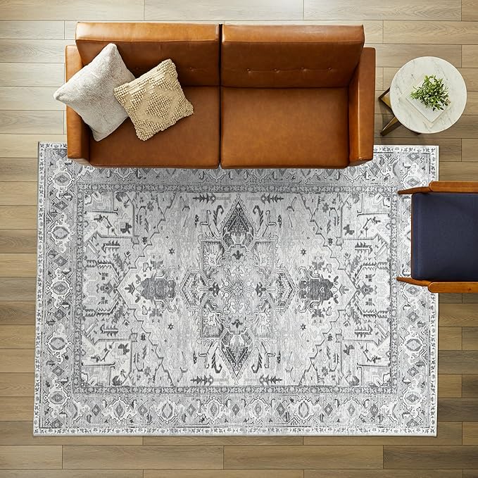 Fame Living Faded Oushak Rug, Turkish Vintage Floral Pastel Large Oversized Area Rugs for Living Room Dining Bedroom Kitchen Bathroom Nursery (848CrNv, 2' x 3')