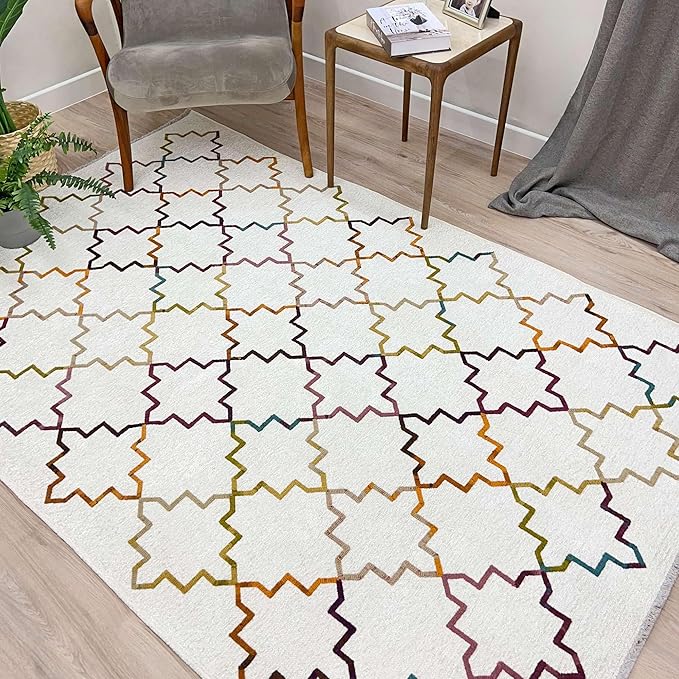 Alfa Rich 3x5 Moroccan White Washable Area Rugs for Living Room Bedroom Kitchen Decor Cotton Runner