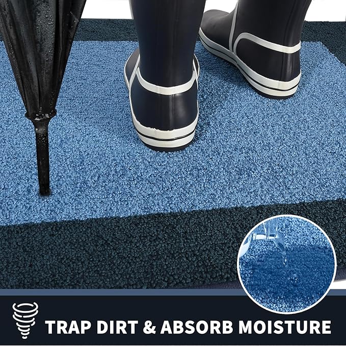 PURRUGS Dirt Trapping Door Mat 24" x 60", Non-Slip/Skid Machine Washable Entryway Rug, Shoes Scraper, Throw Rug, Super Absorbent Area Rug for Muddy Wet Shoes and Paws, Light Blue & Navy