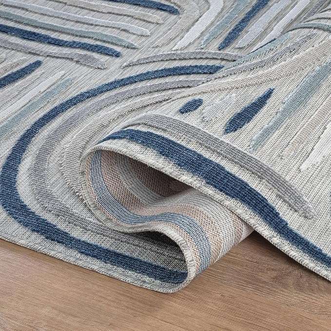 CAMILSON Indoor Outdoor Rug, Blue 6x9 Geometric Arch Striped Area Rugs for Patio and Home Areas, Easy-Cleaning Non-Shedding Living Room, Garden and Deck Washable Outside Carpet (6 x 9)